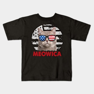 Funny Cat meowica 4th Of July USA American Flag Merica Kids T-Shirt